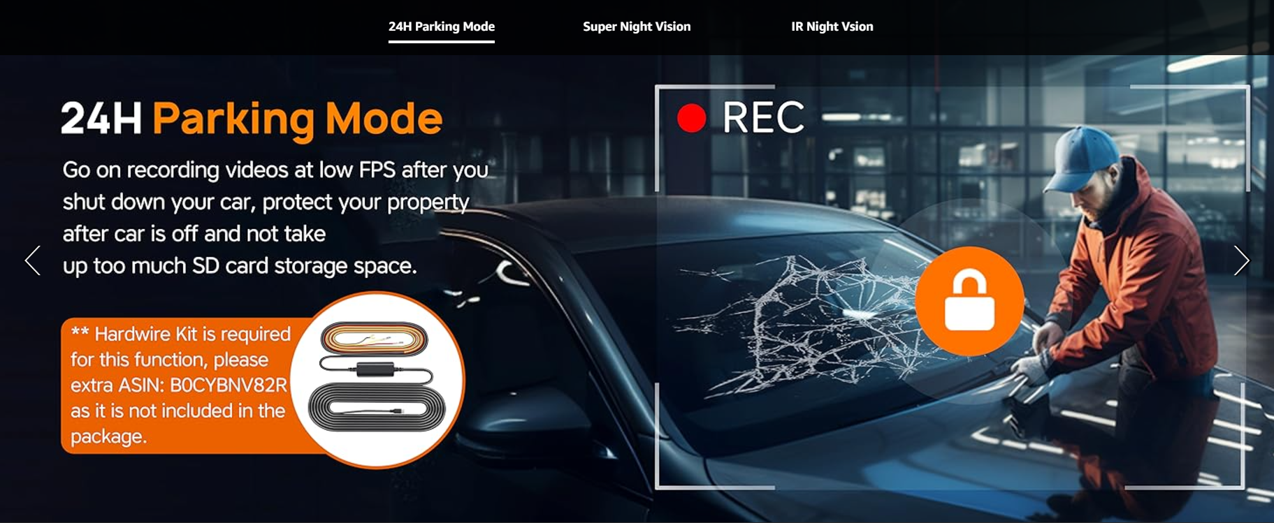 Protect your vehicle with Icesky's 24H parking mode. The dash cam continues recording at low FPS after you shut down your car, ensuring property safety without consuming much SD card storage. A hardwire kit is required for this feature.