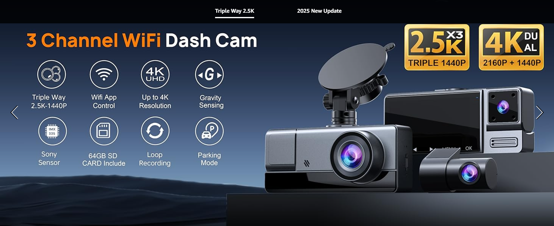 Discover Icesky's advanced 3 Channel WiFi Dash Cam with triple way 2.5K resolution. Featuring up to 4K UHD video quality, built-in WiFi app control, gravity sensing, loop recording, parking mode, Sony sensor, and a 64GB SD card included. Perfect for rideshare drivers and safety-conscious commuters.