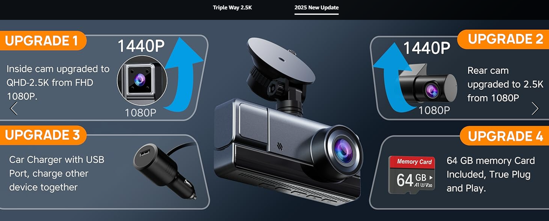 Icesky dash cam introduces 2025 new updates with enhanced features. Upgrade 1 boosts the inside camera to QHD 2.5K from FHD 1080P. Upgrade 2 upgrades the rear camera to 2.5K from 1080P. Upgrade 3 includes a car charger with USB port for charging other devices. Upgrade 4 comes with a 64GB memory card for true plug-and-play convenience.