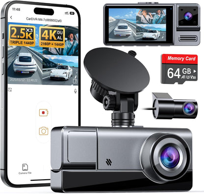 Icesky 3 Channel Dash Cam showcasing front, rear, and inside cameras with 2.5K+1080P resolution. The smartphone display highlights triple recording capabilities, and a 64GB memory card is included for seamless storage.