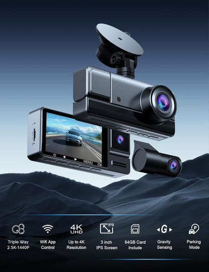 Icesky True 3 Channel Dash Cam offers triple-way recording with up to 4K UHD resolution. Featuring a 3-inch IPS screen, built-in WiFi app control, gravity sensing, and a 64GB card included, this dash cam provides comprehensive protection for your vehicle.