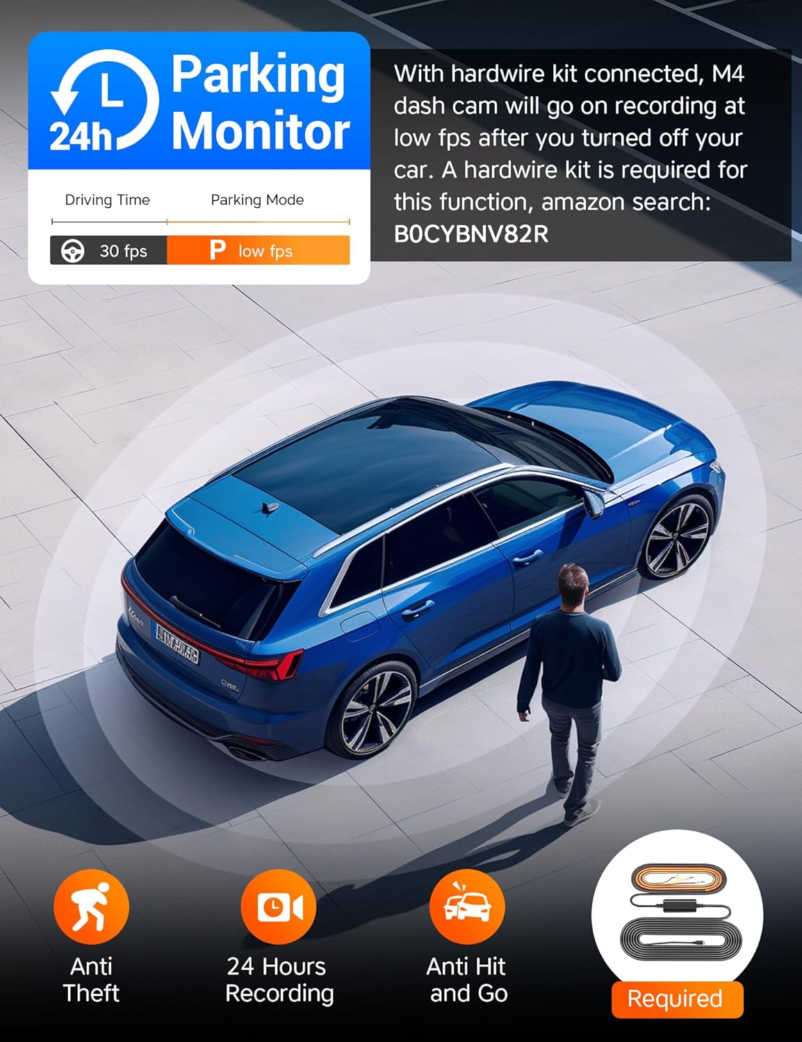 Secure your car with Icesky’s 24-hour parking monitor. The M4 dash cam activates low fps recording when connected to a hardwire kit, offering anti-theft, anti-hit-and-go protection, and continuous surveillance for ultimate peace of mind.